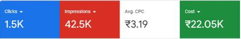 Google Ads overview for one day: 1.5K clicks, 42.5K impressions, ₹22.05K cost